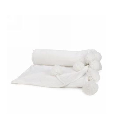 WHITE BLANKET WITH POMPOMS 52X62''